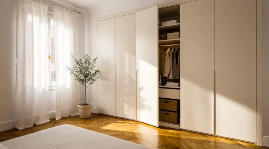 Dormitorio moderno con armario empotrado a medida que aprovecha toda la pared sin perder espacio habitable