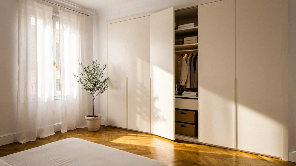 Dormitorio moderno con armario empotrado a medida que aprovecha toda la pared sin perder espacio habitable