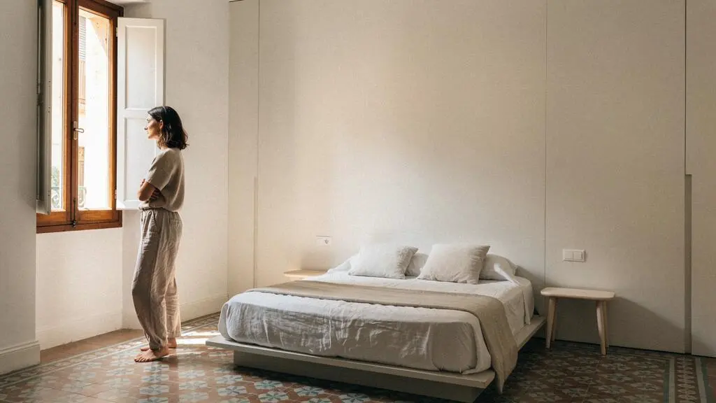 Pared de dormitorio en un piso español con almacenaje integrado invisible, luz natural y aspecto minimalista