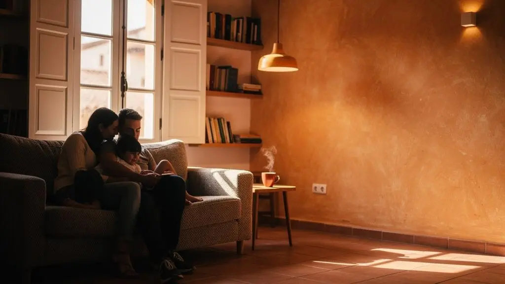 Familia disfrutando de un momento de sobremesa cálido en un salón acogedor de un piso español, con luz dorada de atardecer