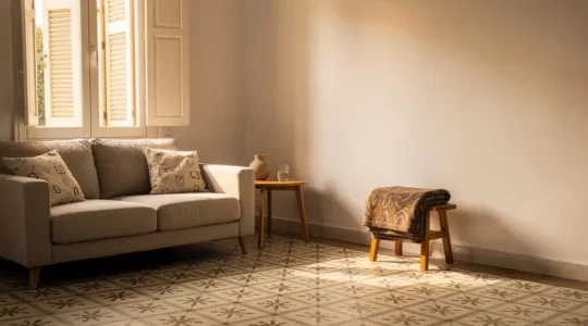Salón español luminoso decorado de forma gradual, con una zona amueblada con piezas clave y un rincón vacío que sugiere una fase futura de decoración