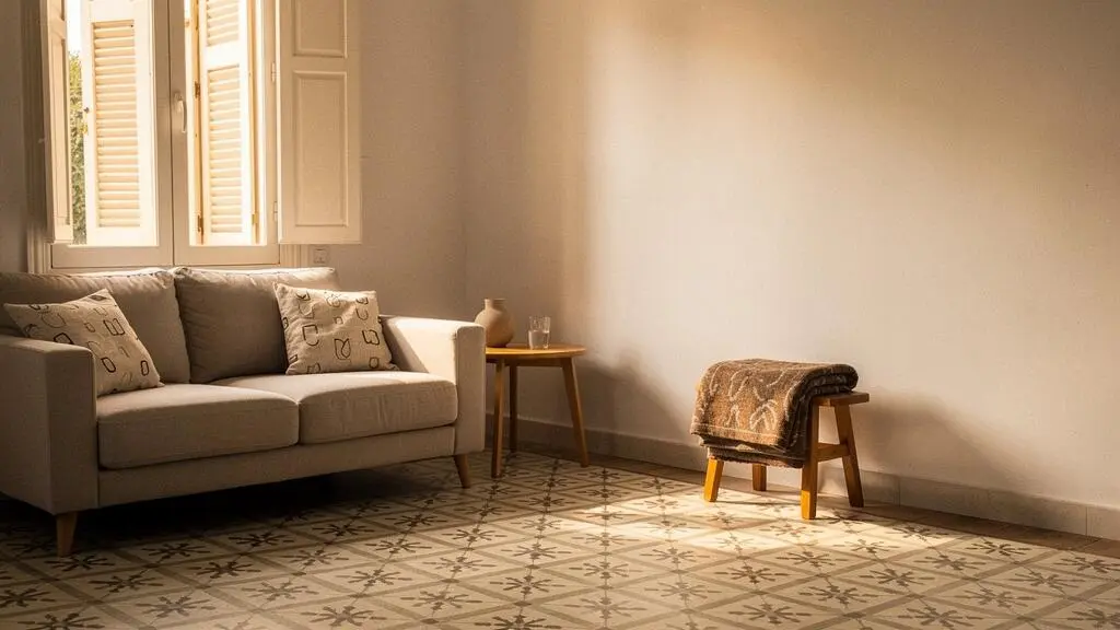 Salón español luminoso decorado de forma gradual, con una zona amueblada con piezas clave y un rincón vacío que sugiere una fase futura de decoración