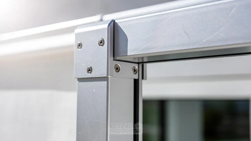 Primer plano extremo del punto de unión entre la estructura lacada de un toldo logia y el marco de una ventana moderna, con enfoque en el acabado metálico y líneas arquitectónicas
