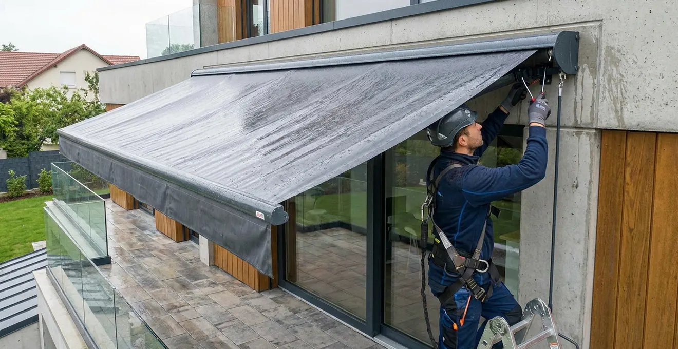 Primer plano extremo de la estructura del toldo dos aguas mostrando el mecanismo de pendiente y los canales de evacuación