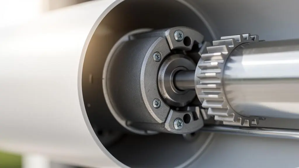 Primer plano extremo del motor tubular de un toldo visible dentro del tubo de enrollamiento, con enfoque nítido en el componente mecánico metálico sobre fondo desenfocado