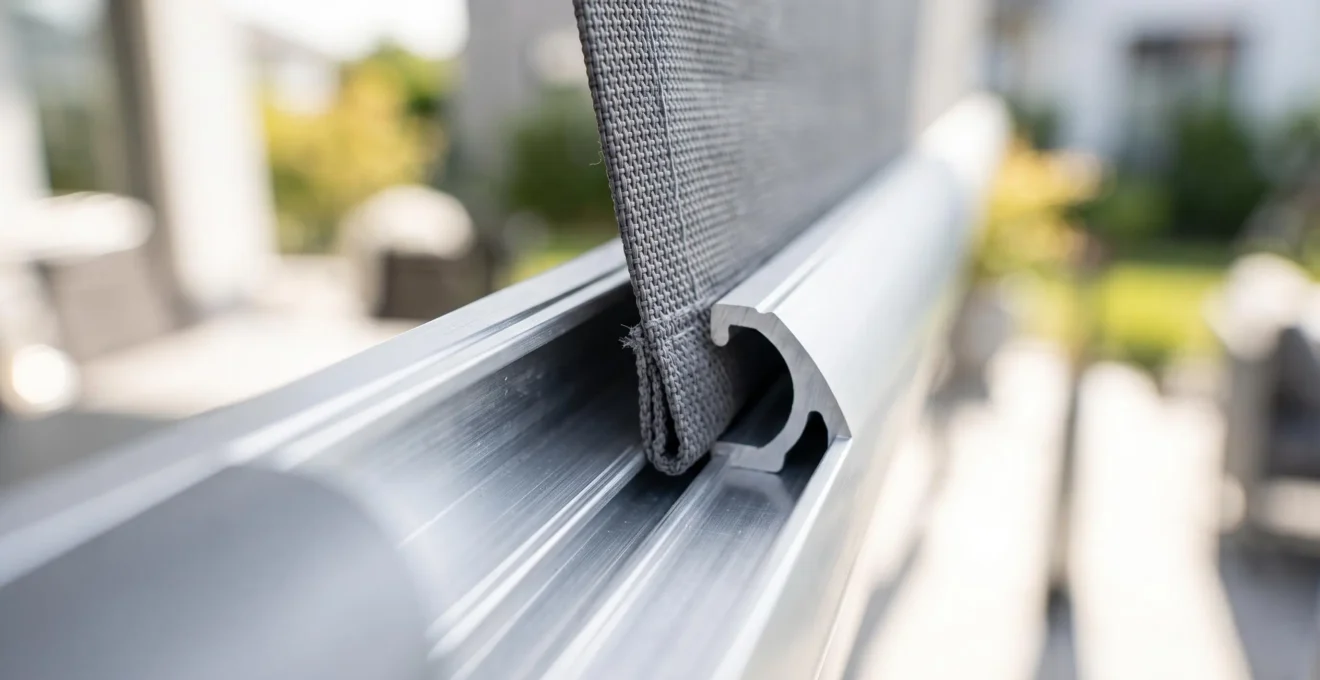 Primer plano extremo del sistema de guías laterales metálicas de un toldo, mostrando el tejido insertado en el riel de aluminio