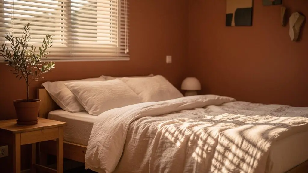 Dormitorio luminoso y sereno de un piso español con persianas entreabiertas y textiles naturales, transmitiendo descanso sin grandes lujos
