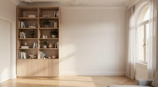 Salon español con techos altos y una estanteria de madera que llega hasta el techo, aprovechando el espacio vertical junto a una ventana con luz natural