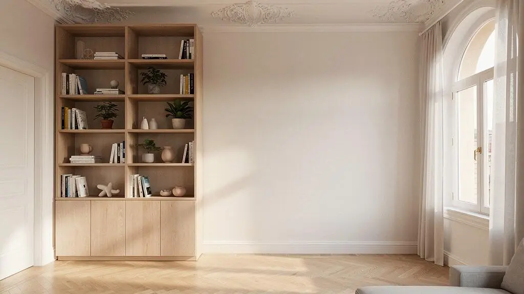 Salon español con techos altos y una estanteria de madera que llega hasta el techo, aprovechando el espacio vertical junto a una ventana con luz natural