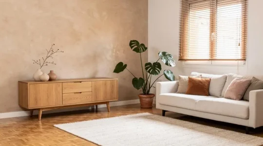 Salón de un piso español estándar con una pared de efecto hormigón microcemento combinada con madera cálida y textiles, iluminación natural de tarde