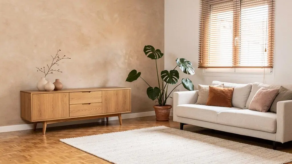 Salón de un piso español estándar con una pared de efecto hormigón microcemento combinada con madera cálida y textiles, iluminación natural de tarde