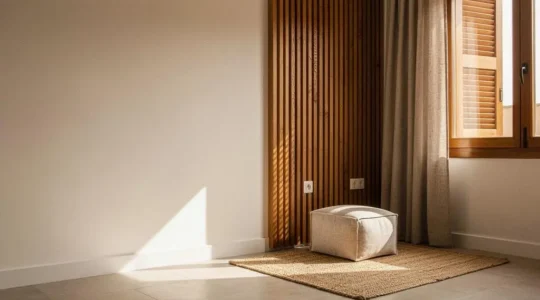 Dormitorio acogedor de un piso español con paneles acústicos decorativos de madera y fieltro que aportan silencio sin perder estilo