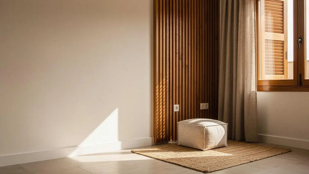 Dormitorio acogedor de un piso español con paneles acústicos decorativos de madera y fieltro que aportan silencio sin perder estilo