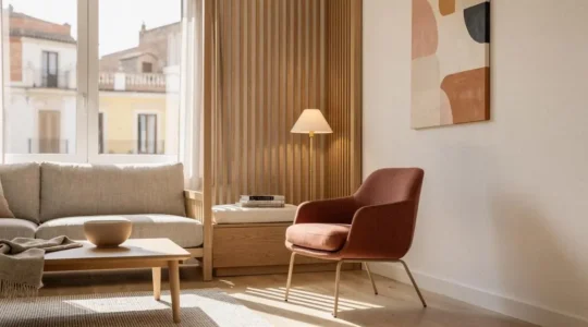 Salón español luminoso dividido por una celosía de madera que separa la zona de estar sin bloquear la luz natural