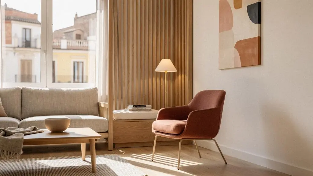 Salón español luminoso dividido por una celosía de madera que separa la zona de estar sin bloquear la luz natural