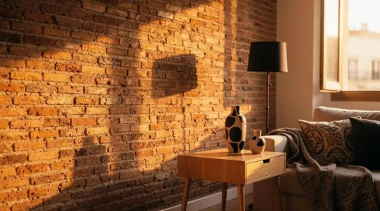 Primer plano de un muro de ladrillo visto bien conservado en un salon luminoso de estilo mediterraneo español