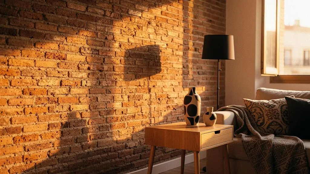 Primer plano de un muro de ladrillo visto bien conservado en un salon luminoso de estilo mediterraneo español