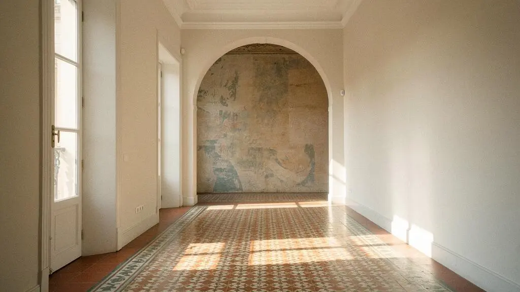 Pasillo luminoso de un piso español con revestimiento mural decorativo que sugiere fluidez y eficiencia en los recorridos domésticos diarios