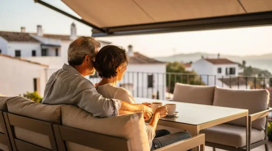 Una pareja de mediana edad sentada en una terraza contemporánea española bajo un toldo desplegado, disfrutando de un café en un ambiente relajado con luz natural de atardecer