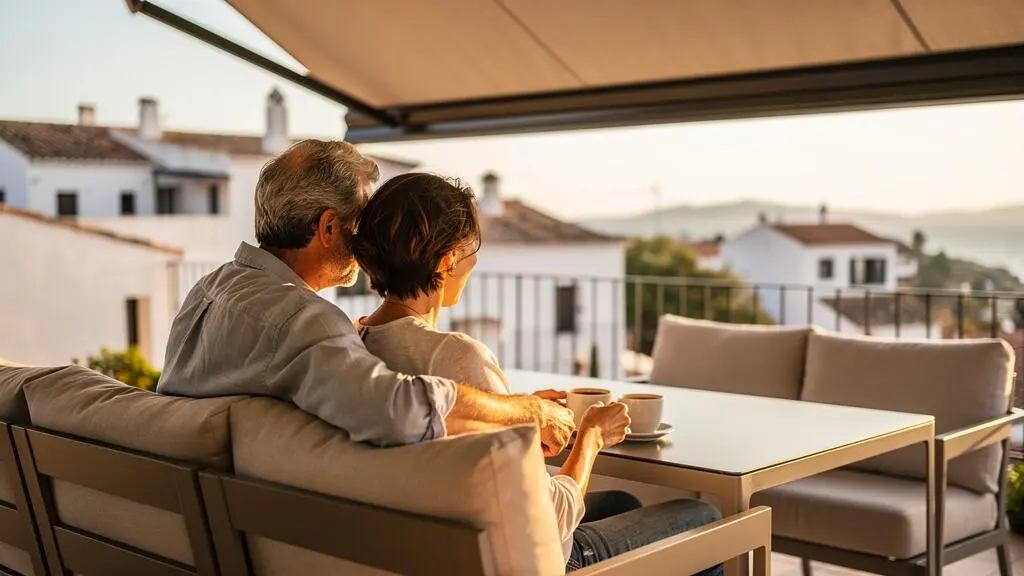 Una pareja de mediana edad sentada en una terraza contemporánea española bajo un toldo desplegado, disfrutando de un café en un ambiente relajado con luz natural de atardecer