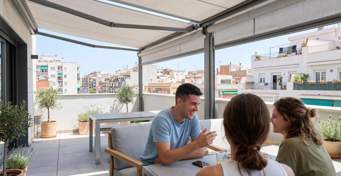 Una pareja joven disfruta de su terraza urbana protegida por un toldo con guías laterales en un soleado día de verano