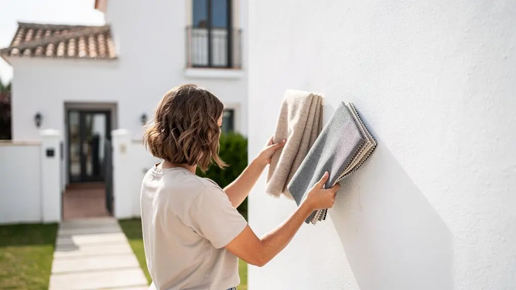Vista media de una persona de espaldas sosteniendo varios retales de tela junto a la pared exterior de una casa, en actitud de comparación cromática, con luz natural diurna