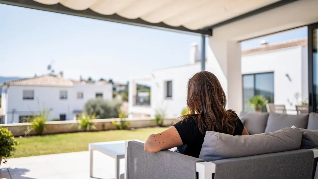 Una persona de espaldas disfruta de su terraza cubierta en un ambiente relajado con mobiliario contemporáneo español