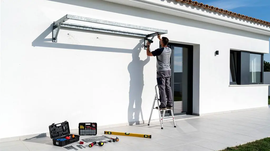 Una persona vista desde atrás fijando un soporte metálico de toldo en la pared exterior de una vivienda española contemporánea, taladro en mano, herramientas dispersas sobre el suelo
