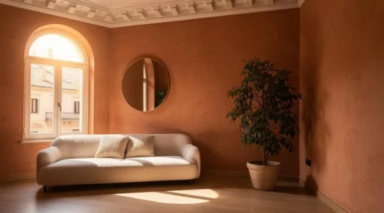 Salón de un piso pequeño español bañado en luz natural, con espejo estratégico y mobiliario minimalista que amplía visualmente el espacio