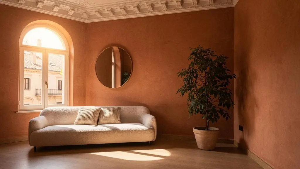 Salón de un piso pequeño español bañado en luz natural, con espejo estratégico y mobiliario minimalista que amplía visualmente el espacio