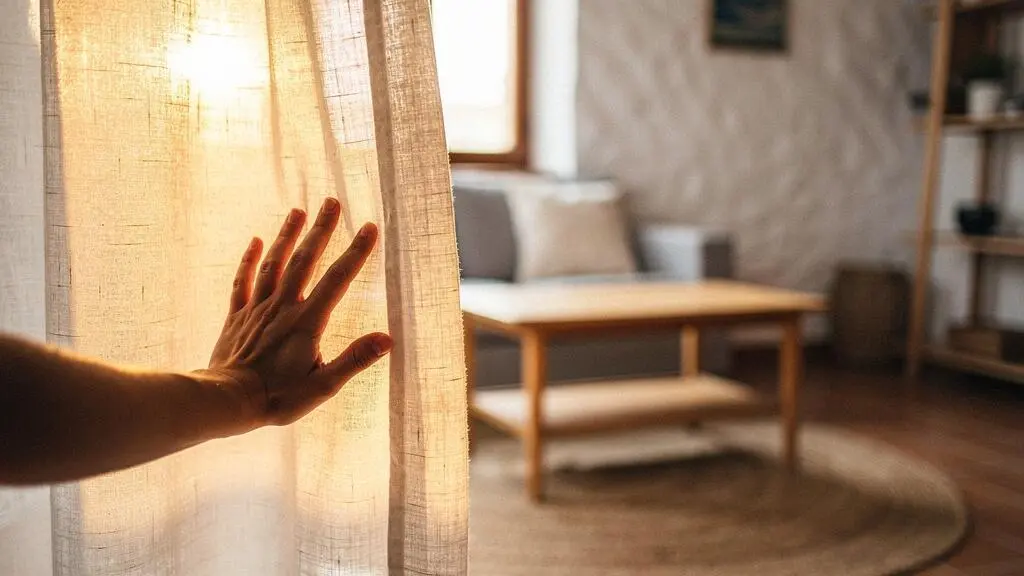 Salón de un piso urbano español de 70 metros cuadrados con textiles naturales, madera y luz mediterránea creando una atmósfera sensorial cálida