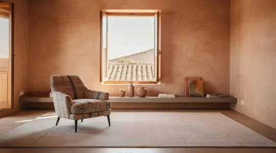 Salón luminoso y despejado con líneas visuales fluidas que aportan calma, estilo mediterráneo español