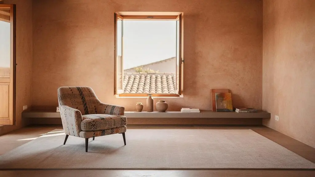 Salón luminoso y despejado con líneas visuales fluidas que aportan calma, estilo mediterráneo español