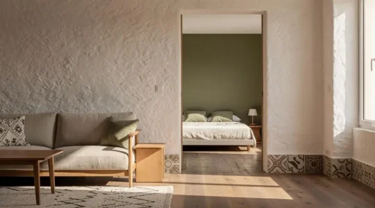 Vista de un pasillo luminoso que conecta el salón y el dormitorio de una vivienda española, unificados por el mismo suelo de madera de roble y una paleta de blanco cal y verde oliva.