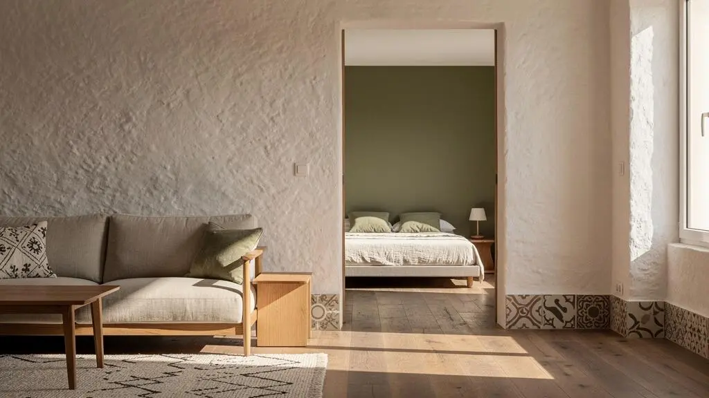 Vista de un pasillo luminoso que conecta el salón y el dormitorio de una vivienda española, unificados por el mismo suelo de madera de roble y una paleta de blanco cal y verde oliva.
