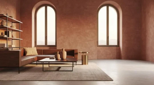 Salón contemporáneo español que combina acentos de metal negro con madera cálida y luz natural mediterránea