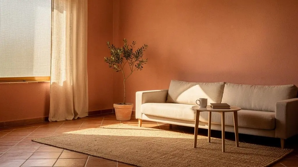 Salón luminoso de estilo mediterráneo español con textiles claros y cortinas técnicas que bloquean el calor del sol de verano