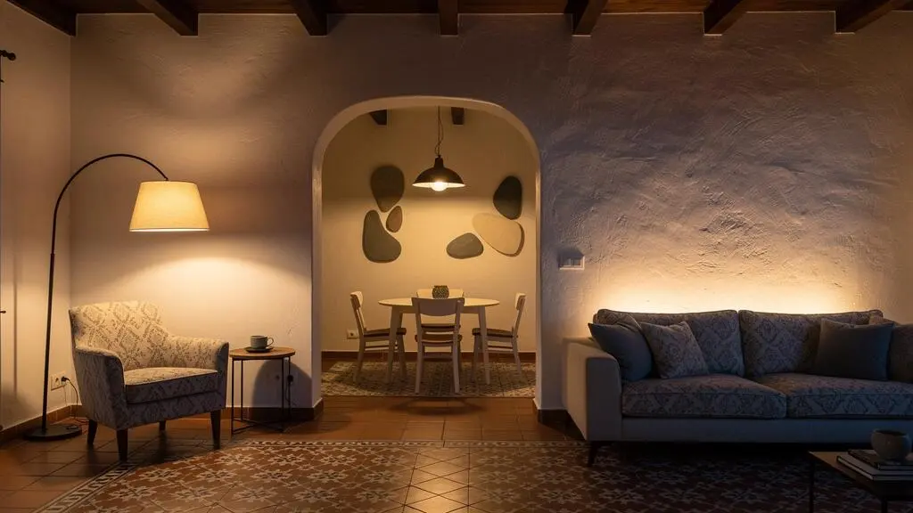 Salón español multifuncional iluminado por tres lámparas distintas creando zonas de lectura, cena y descanso