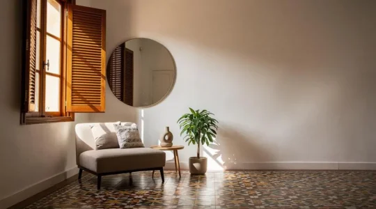 Salón de un piso español bañado por luz natural reflejada en superficies claras y un espejo estratégico