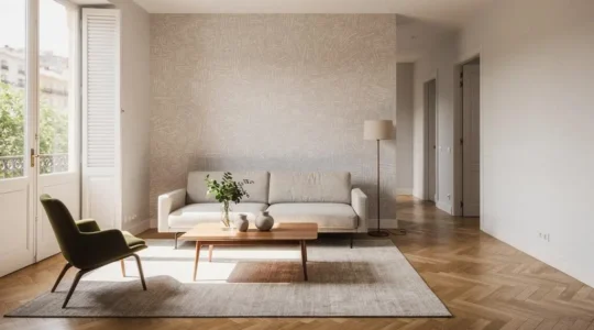 Salón amplio y luminoso de un piso español de 60 metros cuadrados con decoración mural que amplifica la sensación de espacio