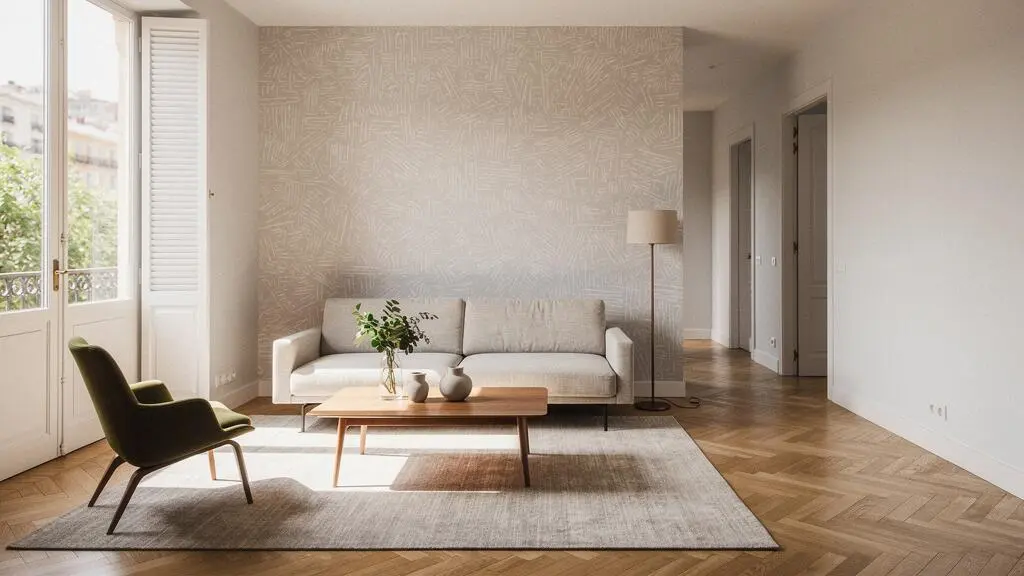 Salón amplio y luminoso de un piso español de 60 metros cuadrados con decoración mural que amplifica la sensación de espacio