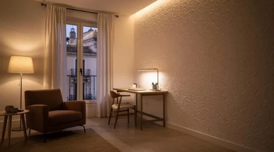 Salón español moderno iluminado por capas con luz cálida y fría creando distintos ambientes al atardecer