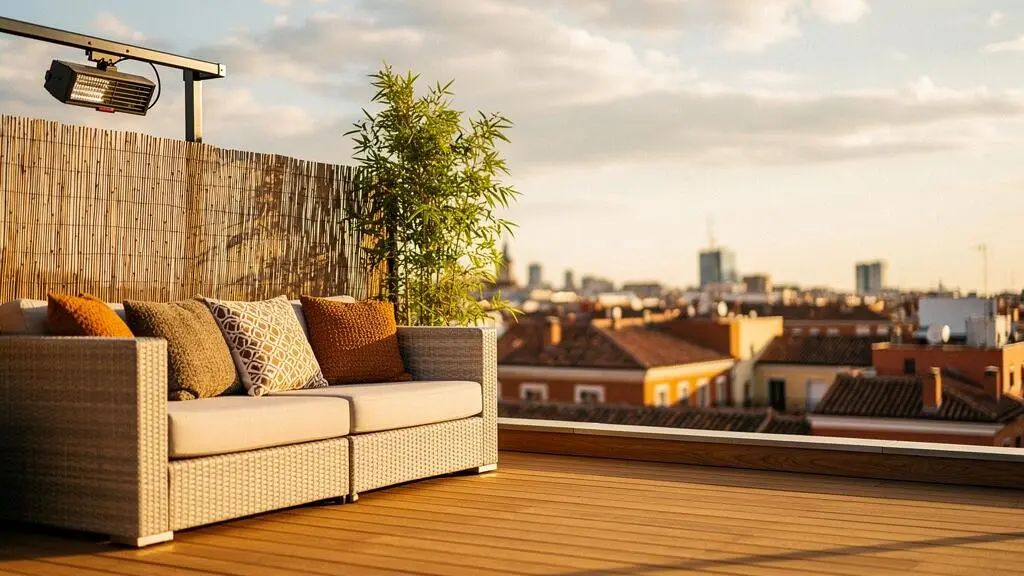 Terraza de ático en Madrid transformada en una habitación exterior acogedora, utilizable durante buena parte del año
