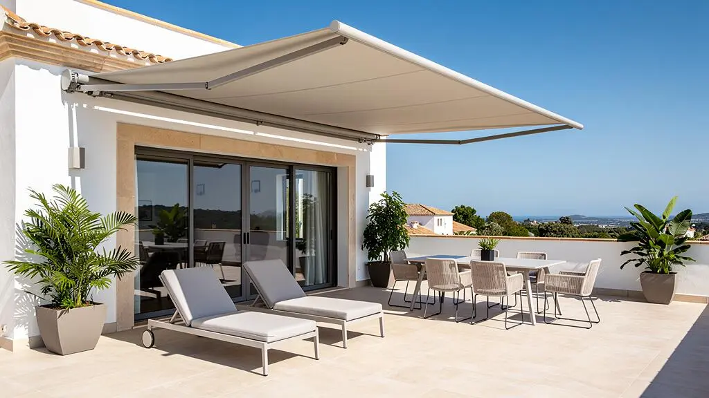 Terraza contemporánea española vacía con toldo motorizado parcialmente desplegado, arquitectura mediterránea moderna, mobiliario exterior de calidad y plantas decorativas bajo luz natural diurna