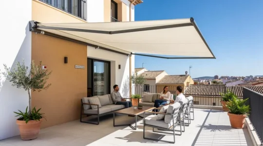 Una terraza residencial española contemporánea equipada con un toldo retráctil de grandes dimensiones completamente desplegado, mobiliario de exterior moderno, luz mediterránea intensa
