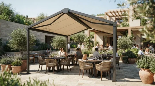 Vista amplia de una terraza contemporánea española con toldo dos aguas instalado, mobiliario de exterior y luz natural mediterránea