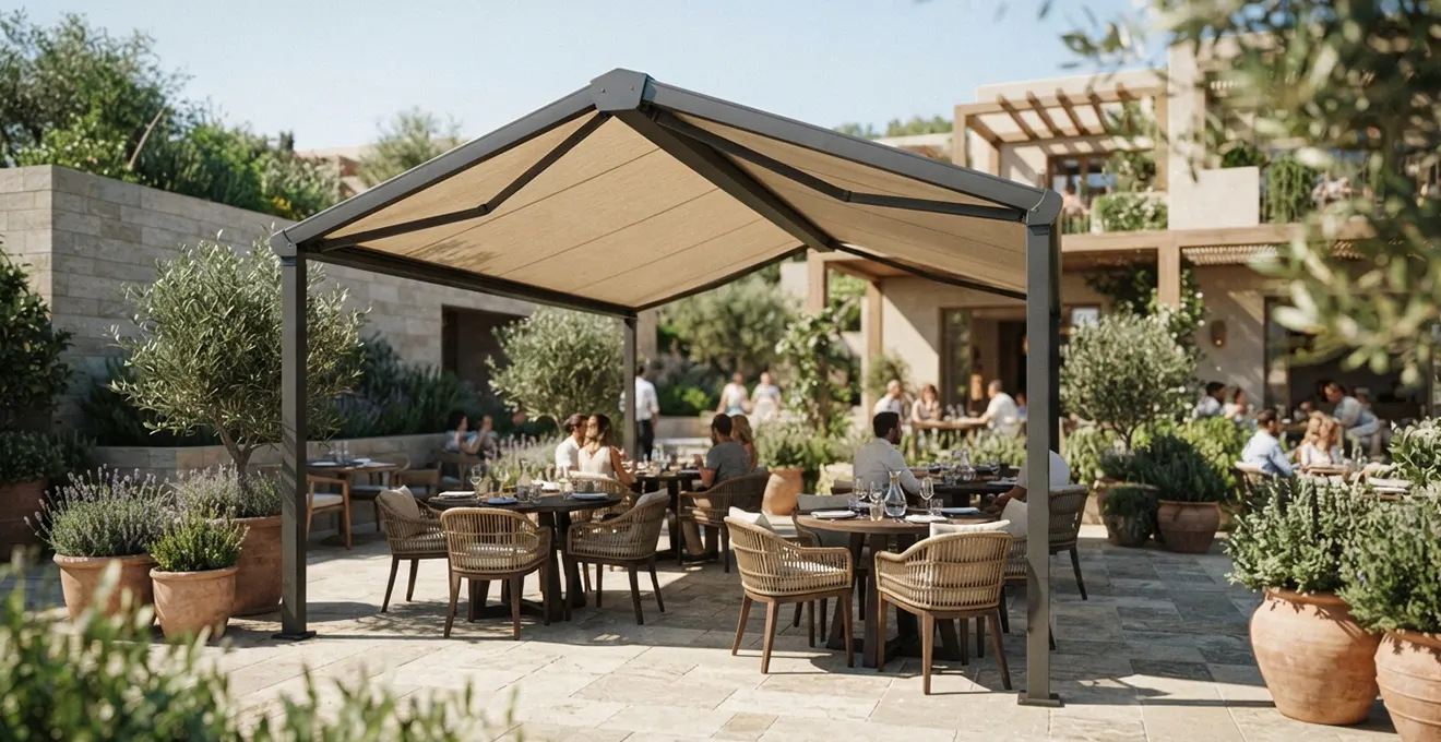 Vista amplia de una terraza contemporánea española con toldo dos aguas instalado, mobiliario de exterior y luz natural mediterránea