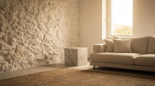 Salón español con paleta monocromática que combina piedra rugosa, madera y superficies pulidas para crear interés visual