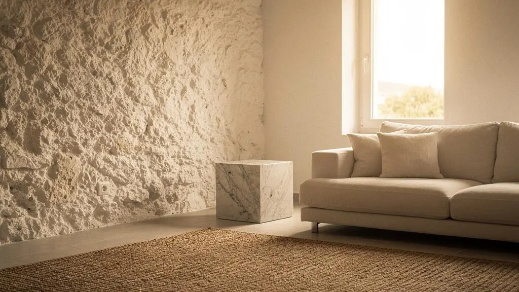 Salón español con paleta monocromática que combina piedra rugosa, madera y superficies pulidas para crear interés visual