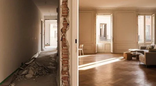 Interior de un piso español a medio reformar, mostrando la transición entre habitaciones compartimentadas y un espacio abierto luminoso